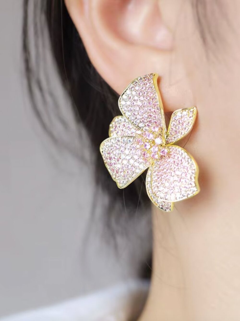 18k Yellow Gold Diamond Statement Earrings Flower Earrings Pink Sapphire Studs